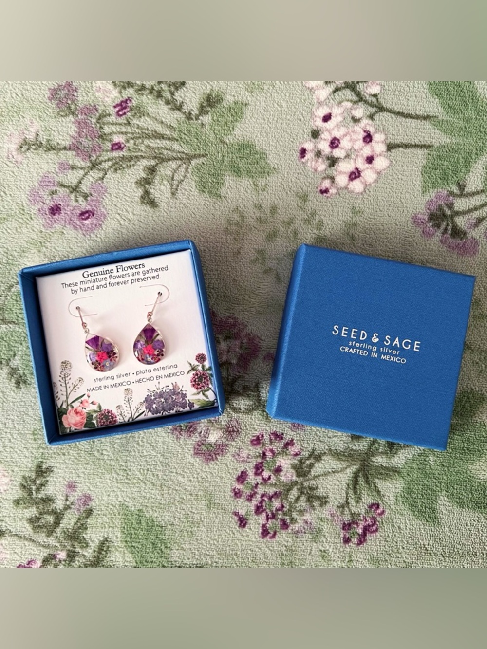 Seed & Sage Pressed Flowers Dangle Teardrop Silver Earrings
